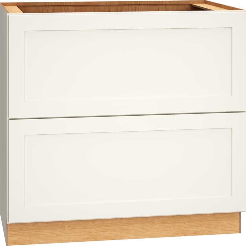 SKU 2DB36 - 36 Inch Base Cabinet with 2 Drawers in Omni Door Style and Snow Finish from Mantra Cabinets