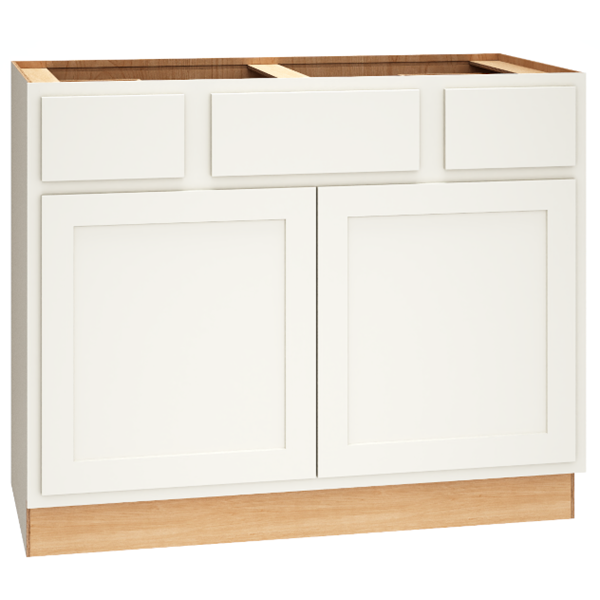 SKU 2VSD423421 - 42 Inch Vanity Sink Base Cabinet with 3 Drawers and Double Doors in Classic Door Style and Snow Finish from Mantra Cabinets