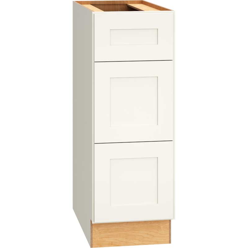 SKU 3DB12 - 12 Inch Base Cabinet with 3 Drawers in Omni Door Style and Snow Finish from Mantra Cabinets