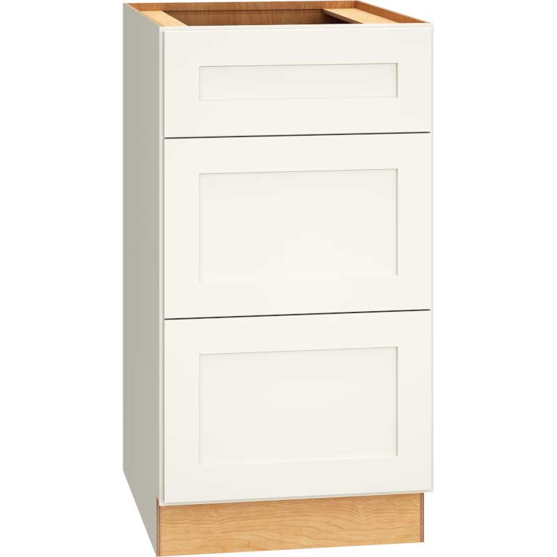 SKU 3DB18 - 18 Inch Base Cabinet with 3 Drawers in Omni Door Style and Snow Finish from Mantra Cabinets