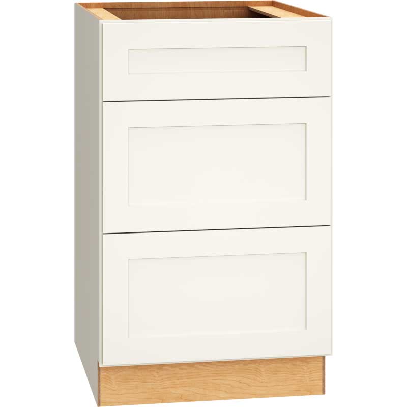 SKU 3DB21 - 21 Inch Base Cabinet with 3 Drawers in Omni Door Style and Snow Finish from Mantra Cabinets