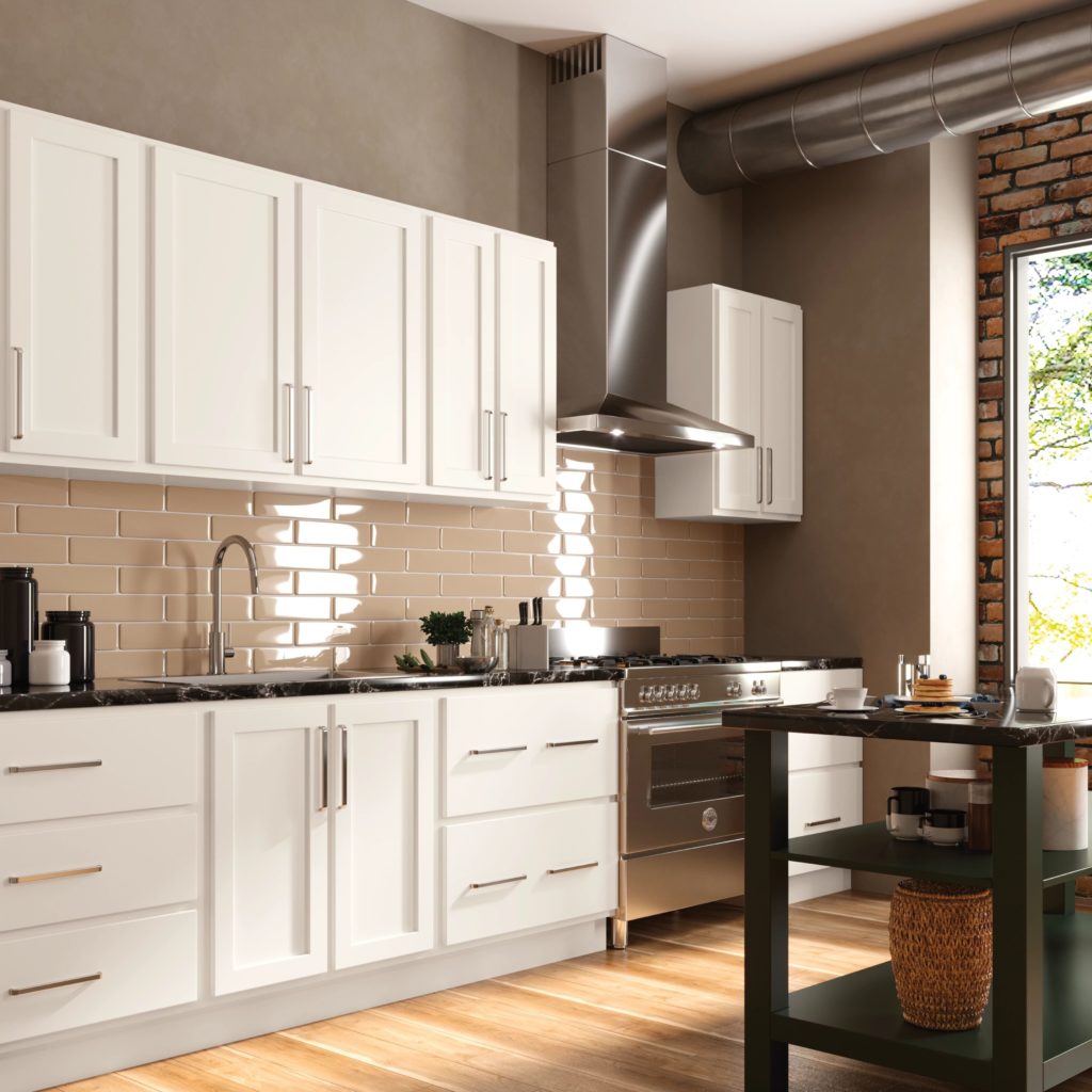 White Shaker Kitchen Cabinets - Omni Cabinet Door Style in Snow Finish by Mantra Cabinets