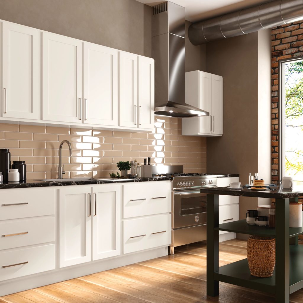 White Shaker Kitchen Cabinets - Omni Cabinet Door Style in Snow Finish by Mantra Cabinets