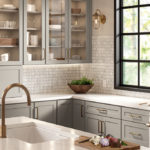 Gray Shaker Kitchen Cabinets with White Shaker Island and Deep Brown Butler Pantry - Omni Cabinet Door Style in Mineral with Island in Snow Finish and Butler Pantry in Bark Finish