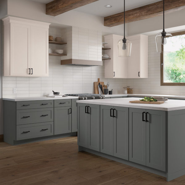 Gray and White Shaker Kitchen Cabinets- Omni Cabinet Door Style in Graphite Finish and Snow Finish by Mantra Cabinets