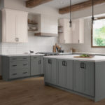 Gray and White Shaker Kitchen Cabinets- Omni Cabinet Door Style in Graphite Finish and Snow Finish by Mantra Cabinets