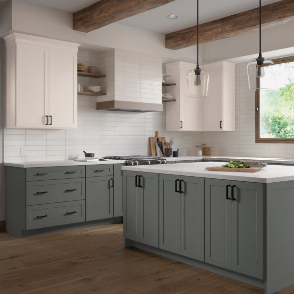 Gray and White Shaker Kitchen Cabinets- Omni Cabinet Door Style in Graphite Finish and Snow Finish by Mantra Cabinets