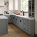 Gray and White Shaker Kitchen Cabinets- Omni Cabinet Door Style in Graphite Finish and Snow Finish by Mantra Cabinets