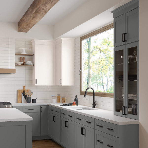 Gray and White Shaker Kitchen Cabinets- Omni Cabinet Door Style in Graphite Finish and Snow Finish by Mantra Cabinets
