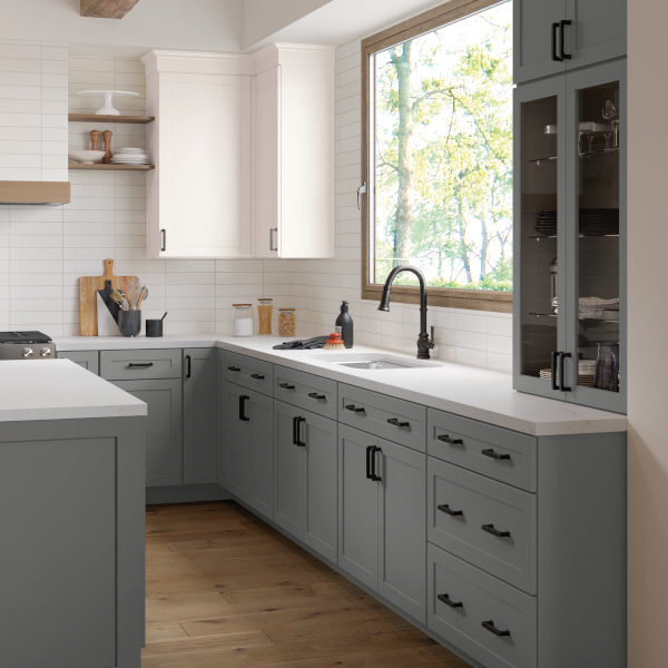 Gray and White Shaker Kitchen Cabinets- Omni Cabinet Door Style in Graphite Finish and Snow Finish by Mantra Cabinets