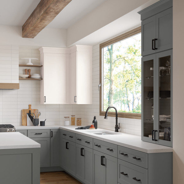 Gray and White Shaker Kitchen Cabinets- Omni Cabinet Door Style in Graphite Finish and Snow Finish by Mantra Cabinets