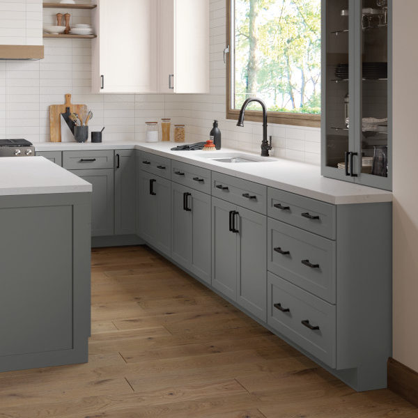 Gray and White Shaker Kitchen Cabinets- Omni Cabinet Door Style in Graphite Finish and Snow Finish by Mantra Cabinets