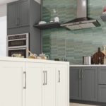 Dark Gray Kitchen Cabinets with White Work Island - Omni Cabinet Door Style in Graphite and Snow Finish by Mantra Cabinets