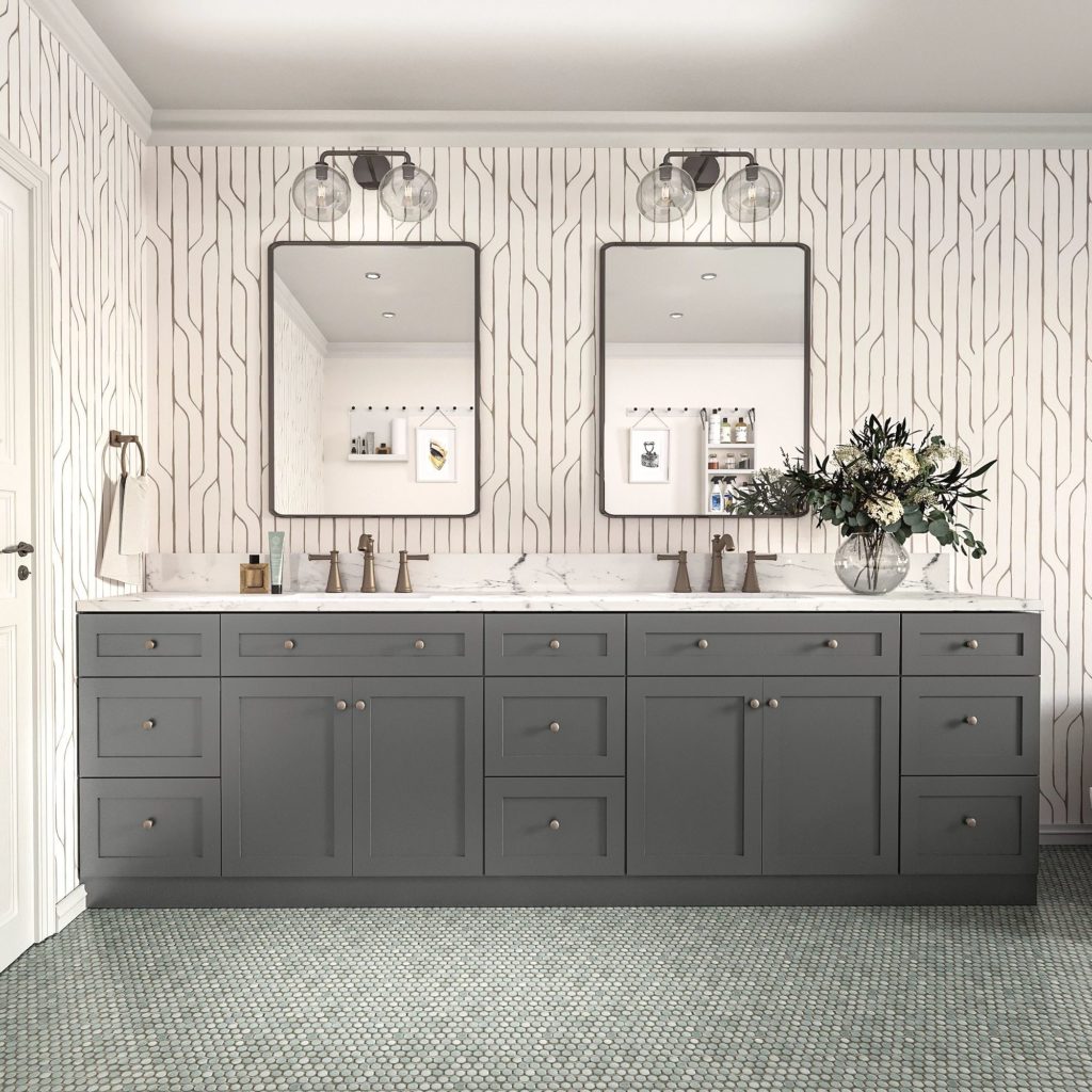 Dark Gray Shaker Bathroom Vanity - Omni Bathroom Cabinet Door Style in Graphite Finish by Mantra Cabinets