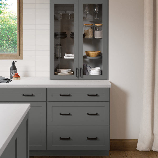 Dark Gray Shaker Kitchen Cabinets with Glass Cabinet Doors - Omni Cabinet Door Style in Graphite Finish by Mantra Cabinets