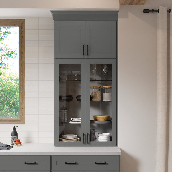 Dark Gray Shaker Kitchen Cabinets with Glass Cabinet Doors - Omni Cabinet Door Style in Graphite Finish by Mantra Cabinets
