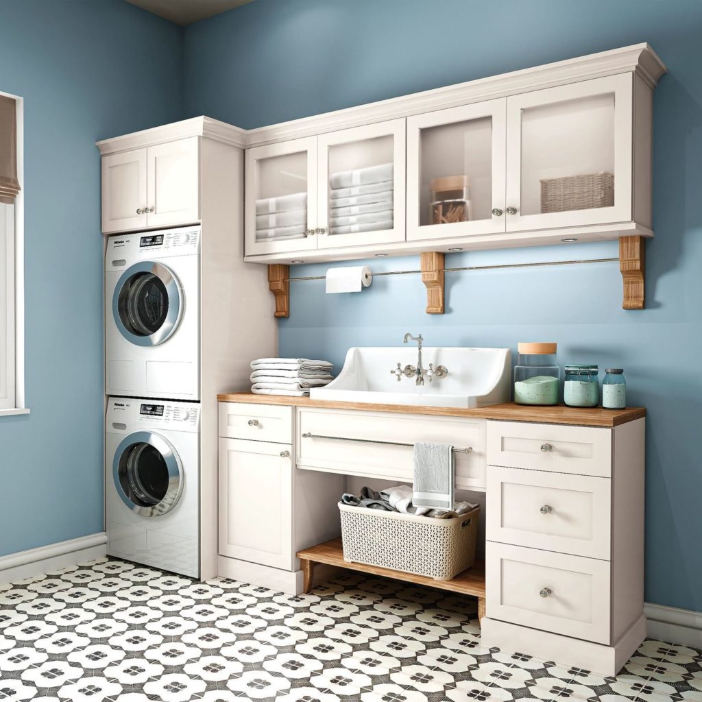 White Shaker Laundry Room Cabinets - Omni Cabinet Door Style with Snow Finish by Mantra Cabinets
