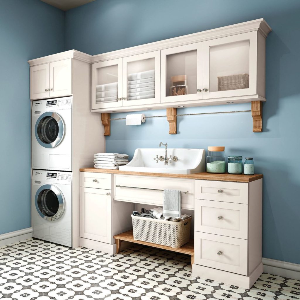 White Shaker Laundry Room Cabinets - Omni Cabinet Door Style with Snow Finish by Mantra Cabinets