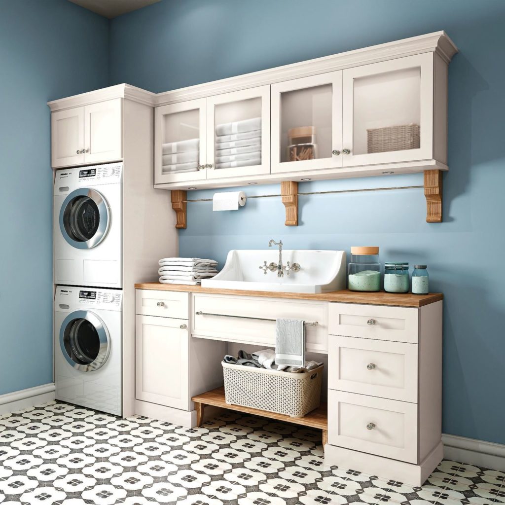 White Shaker Laundry Room Cabinets - Omni Cabinet Door Style with Snow Finish by Mantra Cabinets
