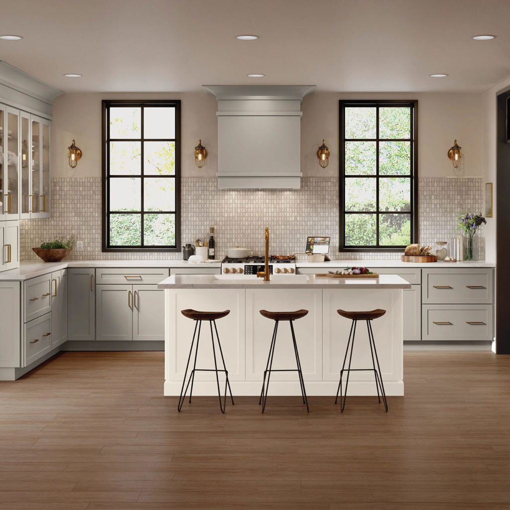 Gray Shaker Kitchen Cabinets with White Shaker Island and Deep Brown Butler Pantry - Omni Cabinet Door Style in Mineral with Island in Snow Finish and Butler Pantry in Bark Finish