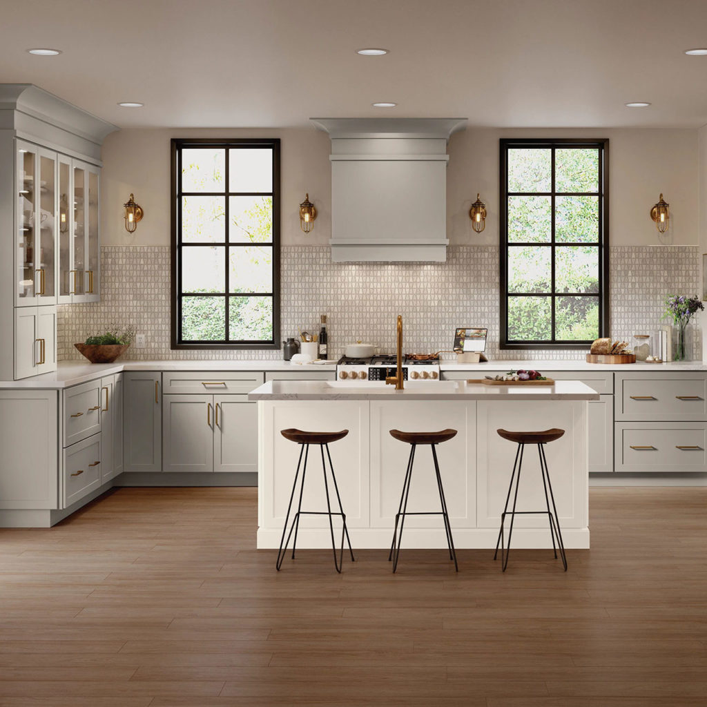 Gray Shaker Kitchen Cabinets with White Shaker Island and Deep Brown Butler Pantry - Omni Cabinet Door Style in Mineral with Island in Snow Finish and Butler Pantry in Bark Finish