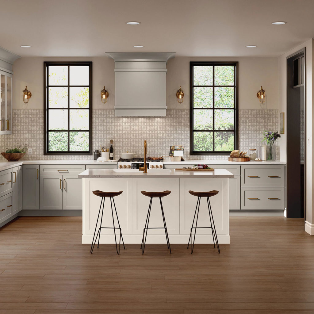 Gray Shaker Kitchen Cabinets with White Shaker Island and Deep Brown Butler Pantry - Omni Cabinet Door Style in Mineral with Island in Snow Finish and Butler Pantry in Bark Finish