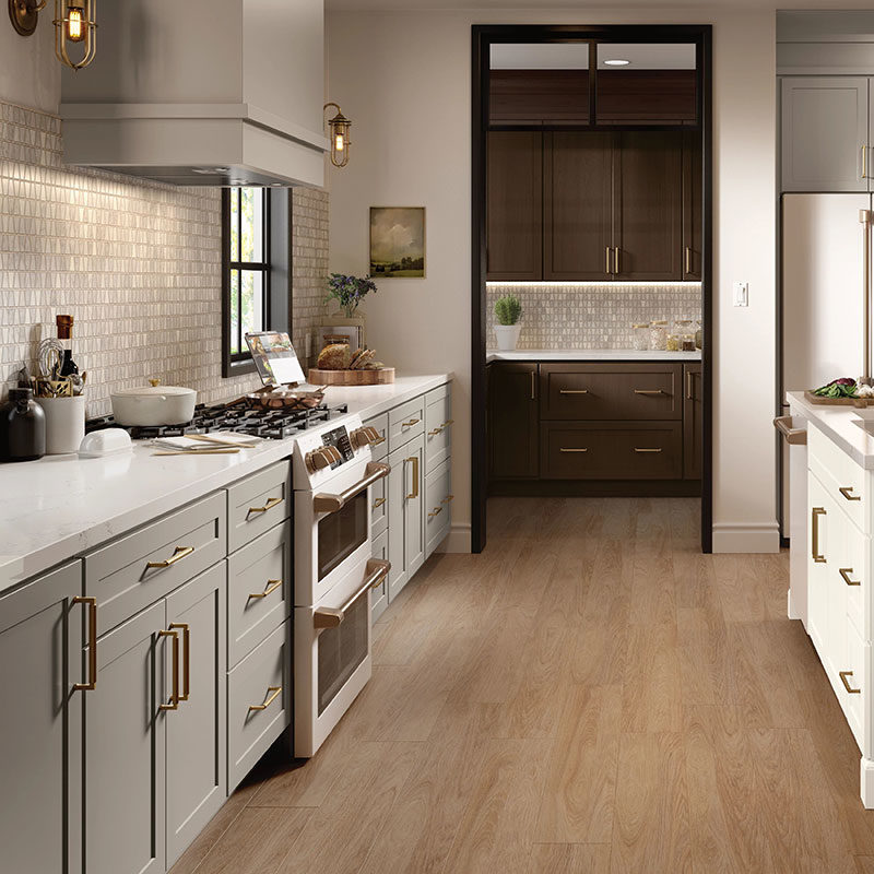 Gray Shaker Kitchen Cabinets with White Shaker Island and Deep Brown Butler Pantry - Omni Cabinet Door Style in Mineral with Island in Snow Finish and Butler Pantry in Bark Finish