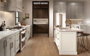 Gray Shaker Kitchen Cabinets with White Shaker Island and Deep Brown Butler Pantry - Omni Cabinet Door Style in Mineral with Island in Snow Finish and Butler Pantry in Bark Finish