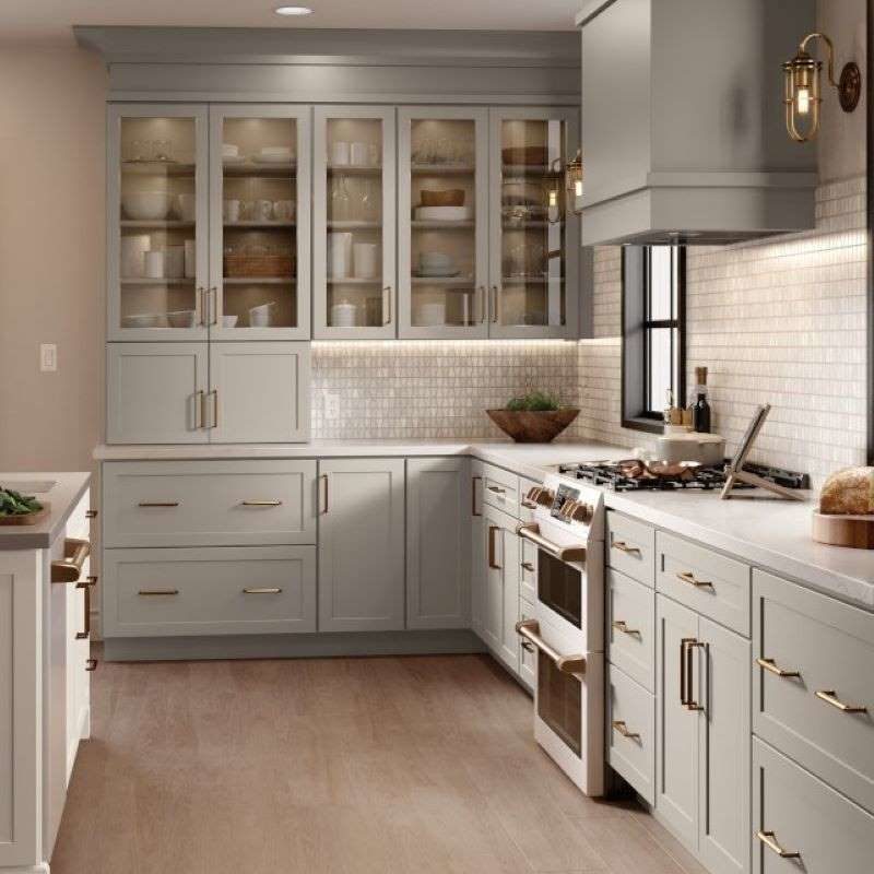 Gray Shaker Kitchen Cabinets with White Shaker Island and Deep Brown Butler Pantry - Omni Cabinet Door Style in Mineral with Island in Snow Finish and Butler Pantry in Bark Finish