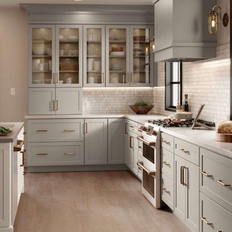 Gray Shaker Kitchen Cabinets with White Shaker Island and Deep Brown Butler Pantry - Omni Cabinet Door Style in Mineral with Island in Snow Finish and Butler Pantry in Bark Finish