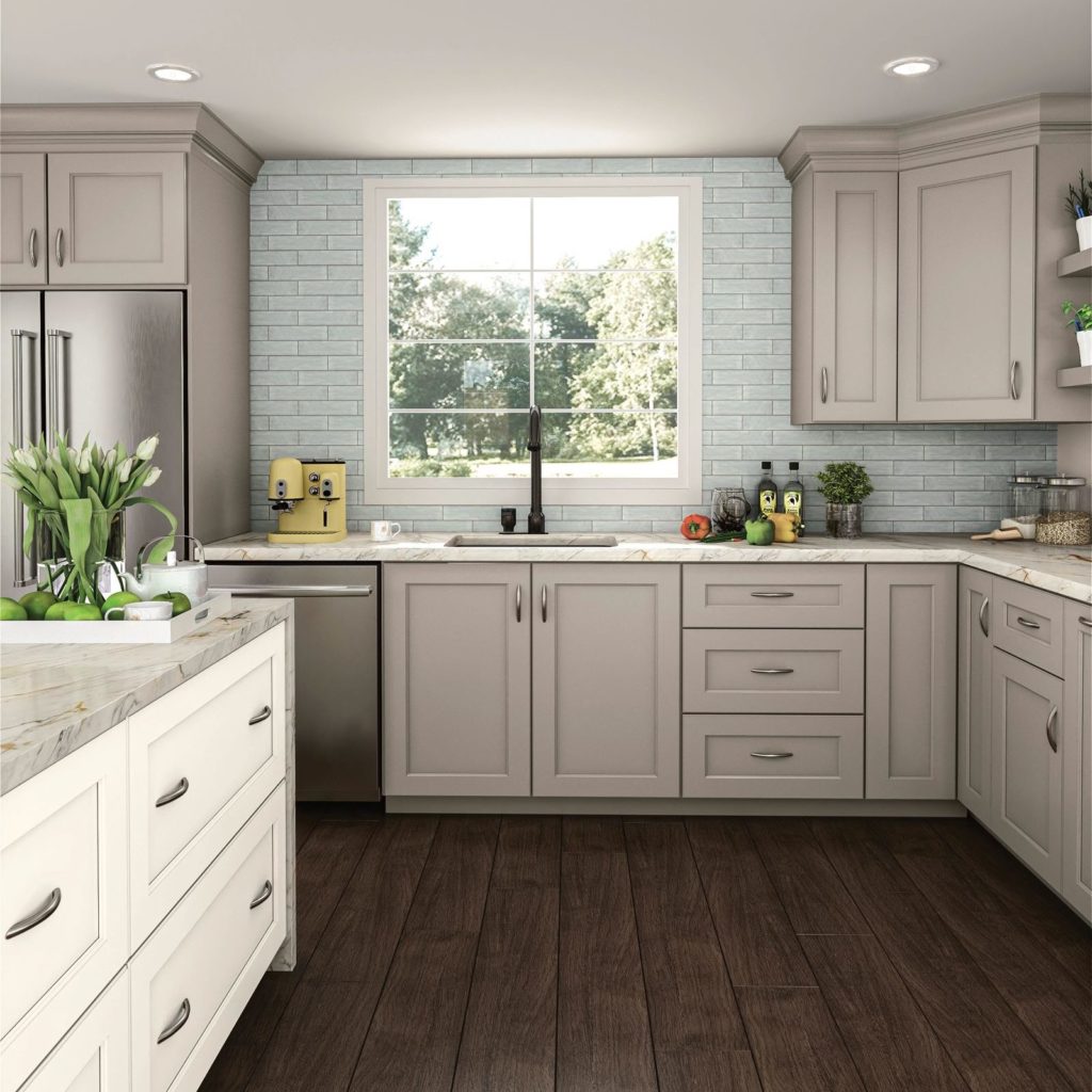 Kitchen Cabinets in Spectra Cabinet Door Style in Mineral Finish and Island in Snow Finish